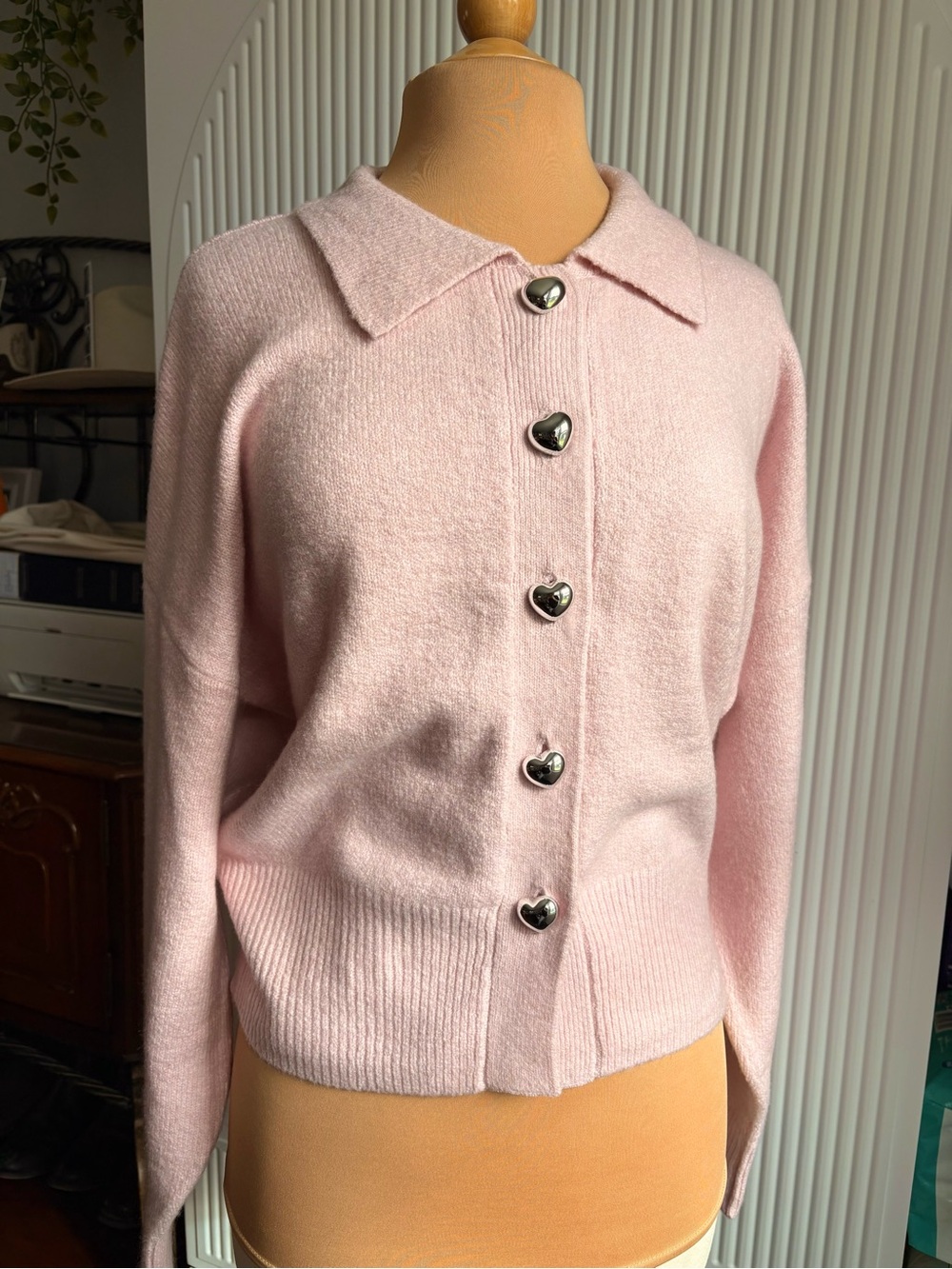 A New Day Classic Pink Knit Cardigan with Heart Buttons